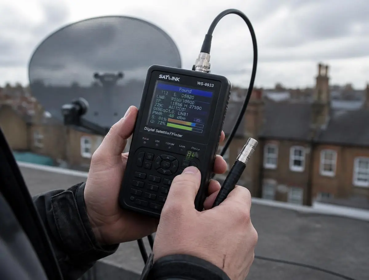 Engineer reading a digital signal meter on a North London rooftop
