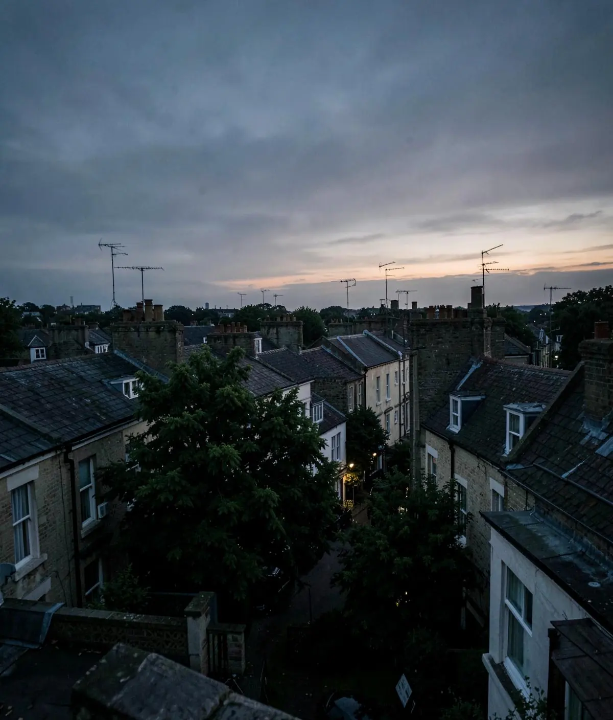 Rooftops and aerials across north London at dusk