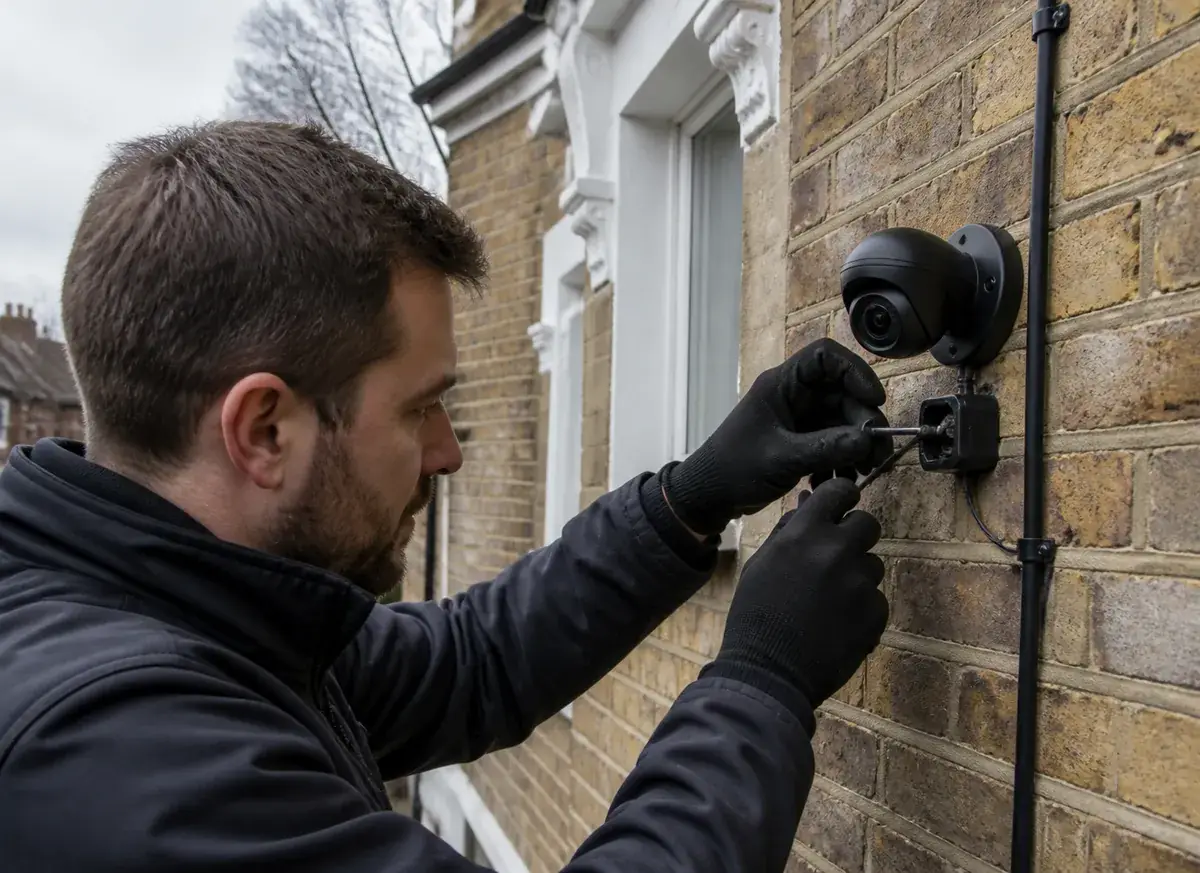 Engineer repairing an existing CCTV camera connection in Crouch End