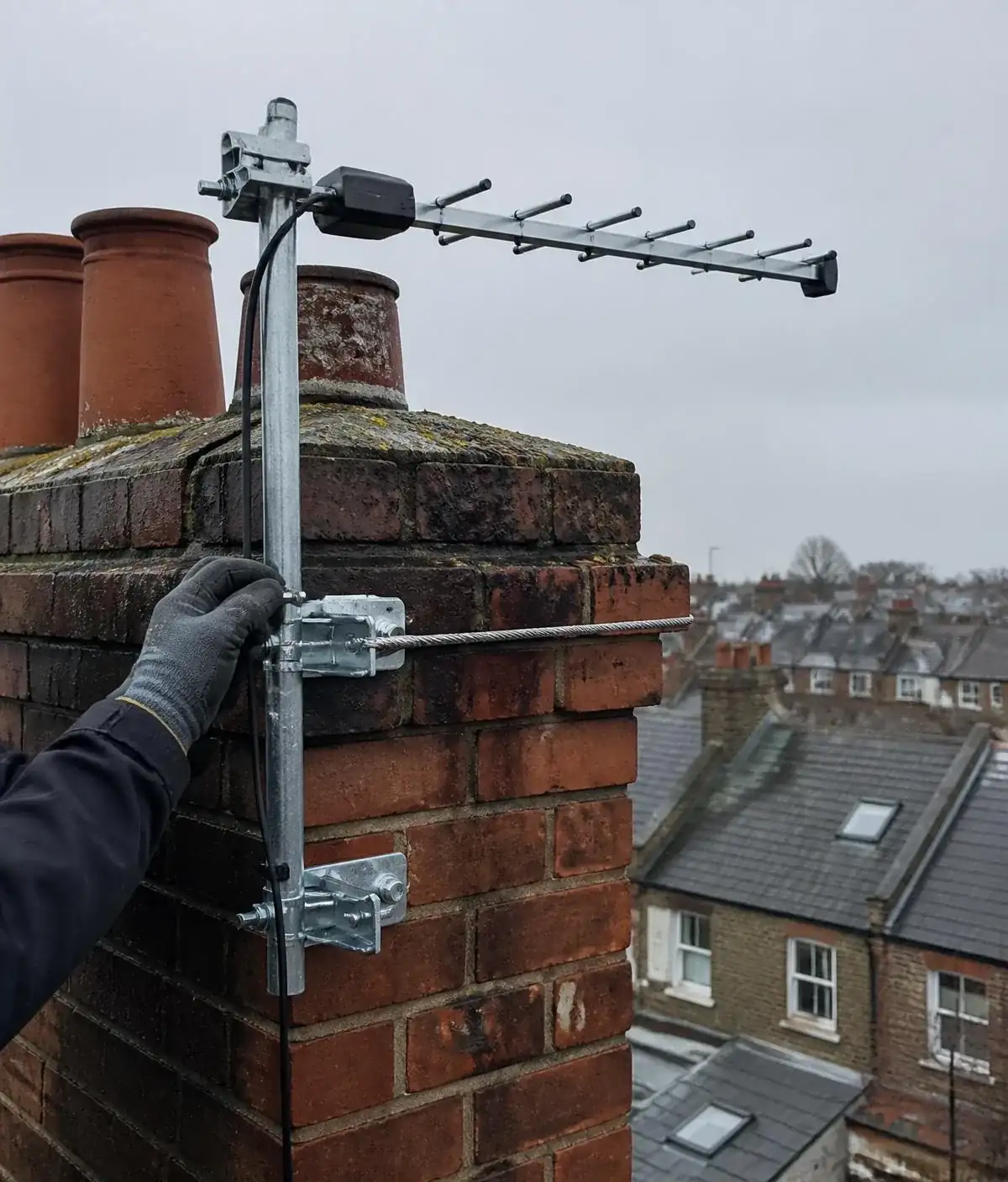 Aerial engineer working on a north London roofline