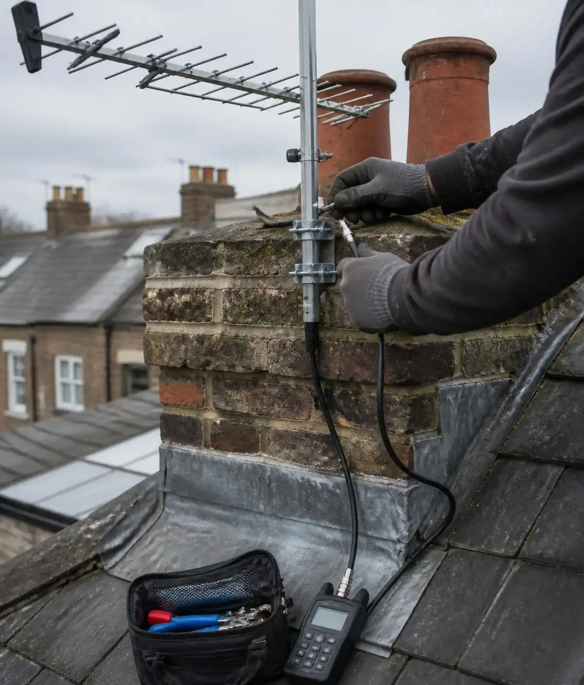 Engineer testing and repairing an aerial connection near Hampstead