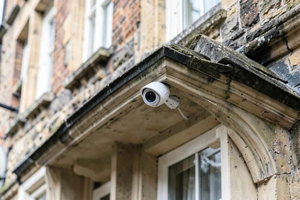 Discreet white CCTV camera neatly installed under the eaves of a London period house