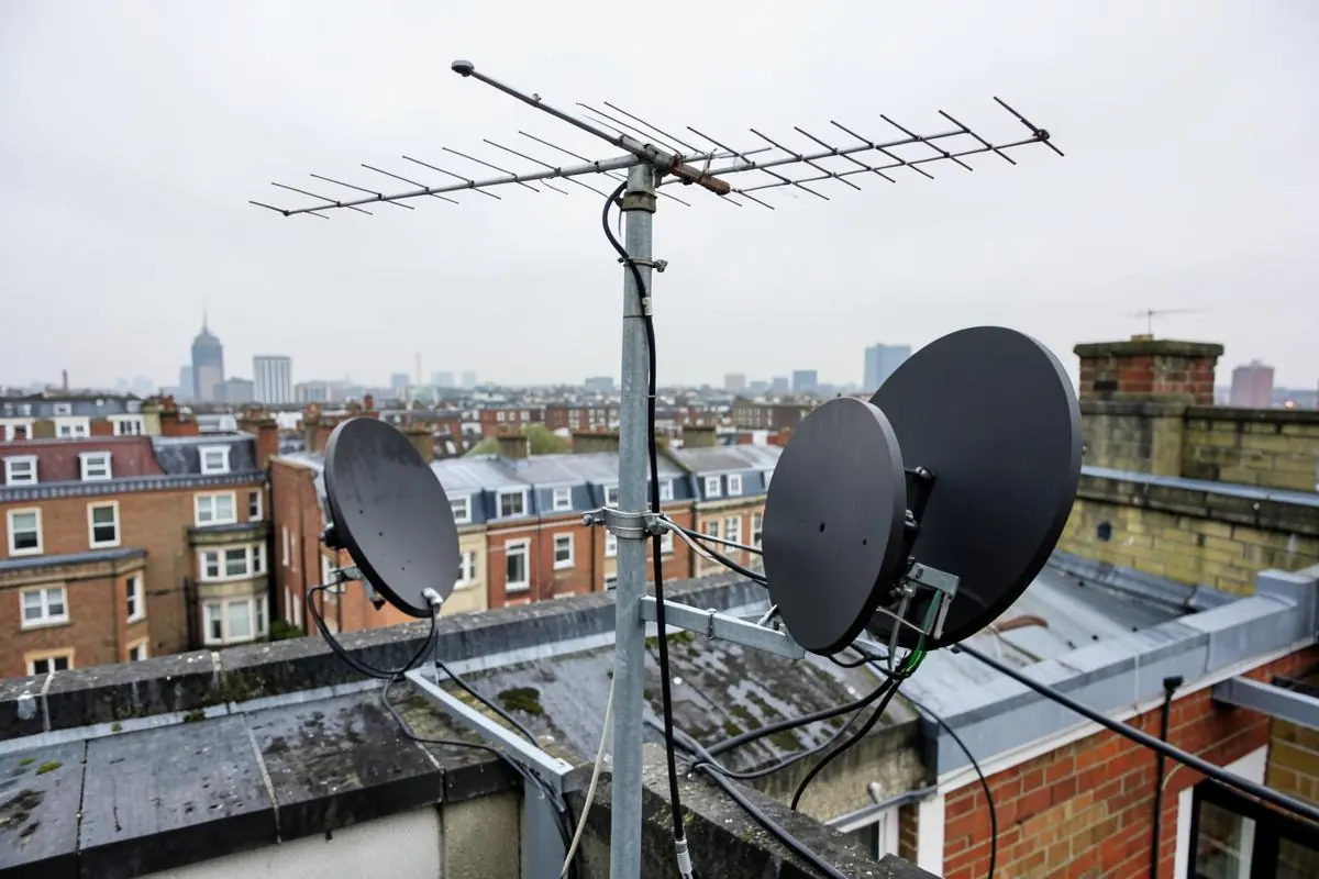 Communal TV aerial and black satellite dishes on the roof of a London apartment block