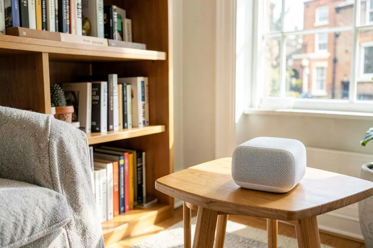 Two white mesh WiFi units placed discreetly in a London living room