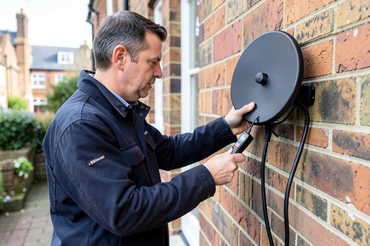 Engineer aligning a satellite dish on the brick wall of a London house