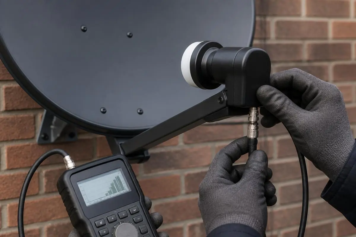 Engineer replacing the LNB and coaxial cable on a black satellite dish during a repair