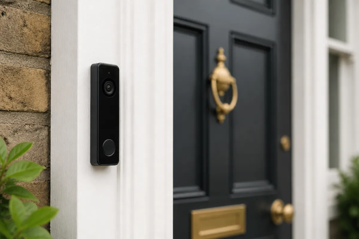 Slim black video doorbell fitted neatly to the door frame of a London terraced house