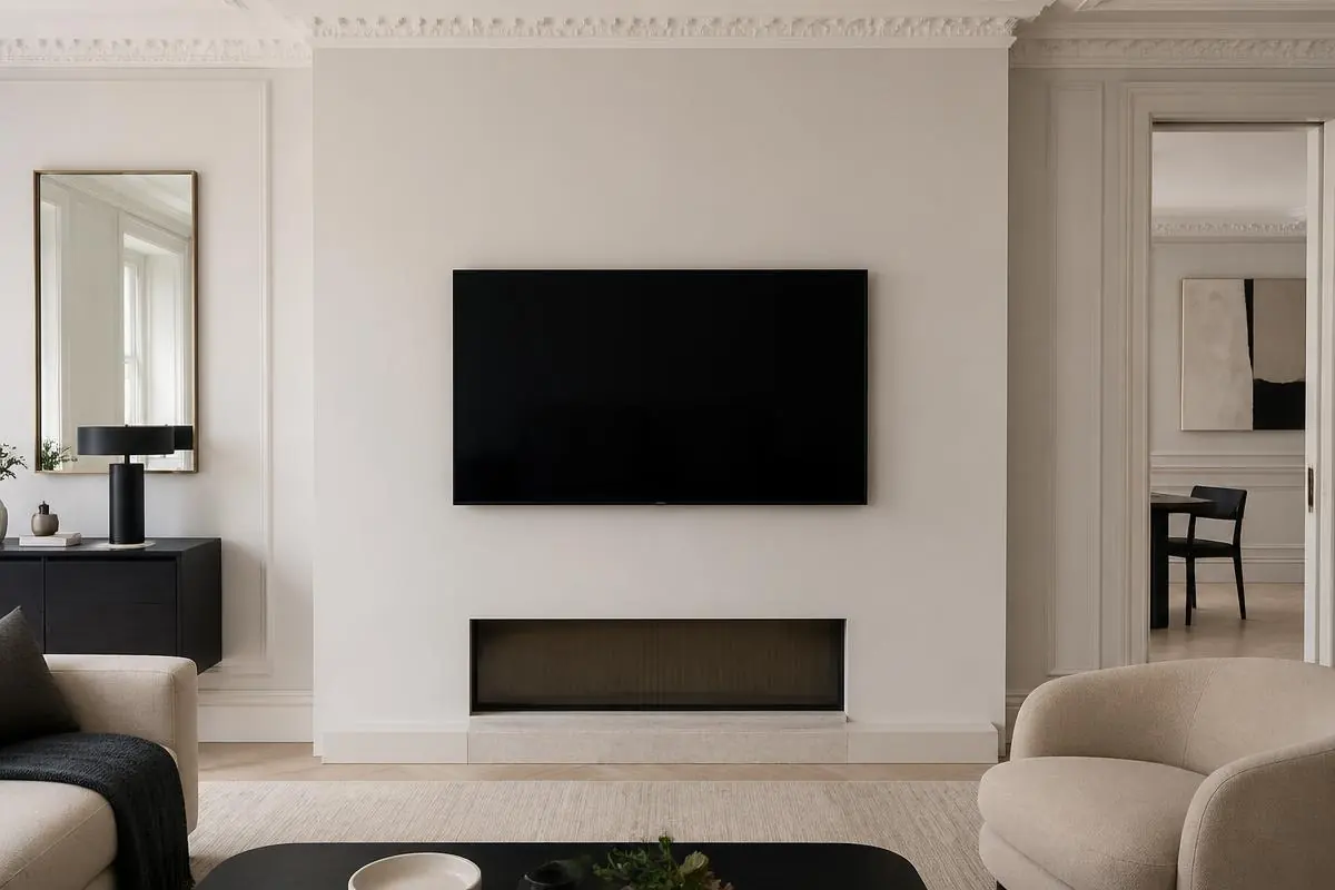 Large television mounted on a chimney breast with cables fully concealed