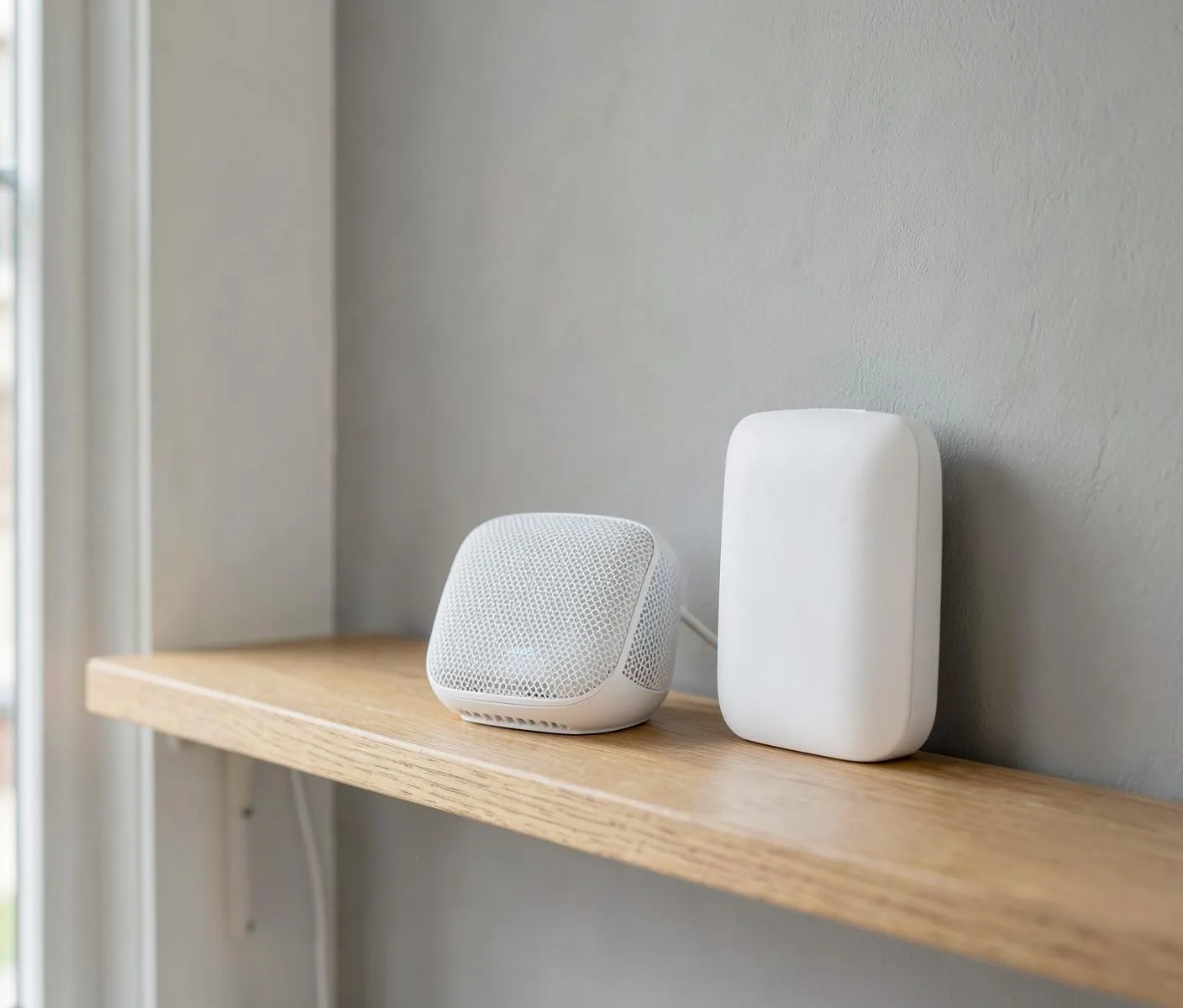 Tidy home WiFi router and access point on a shelf in a London period house