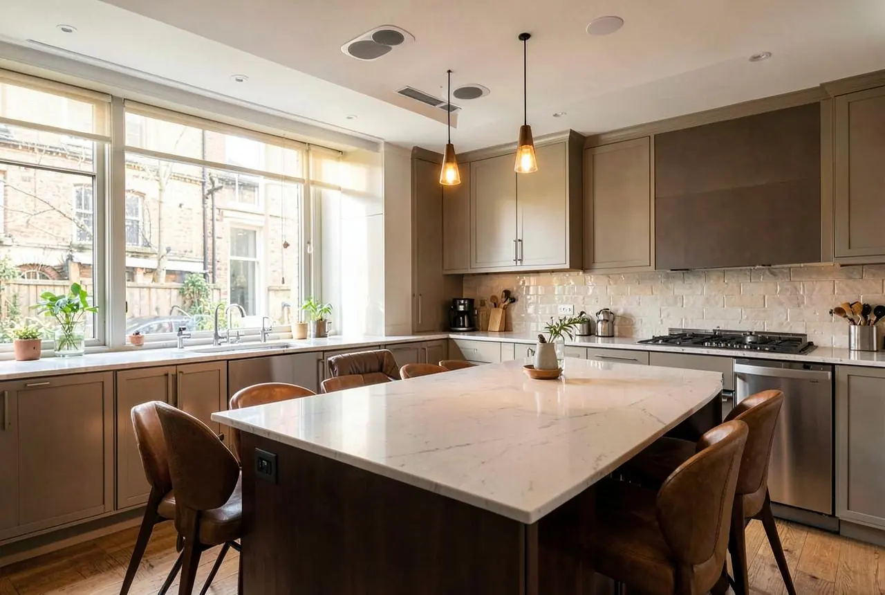 Flush in-ceiling speakers in a smart London kitchen and dining space