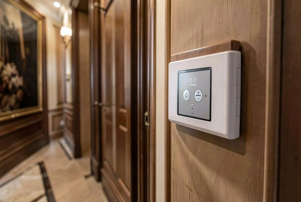 Wall-mounted smart home control panel in a panelled London hallway