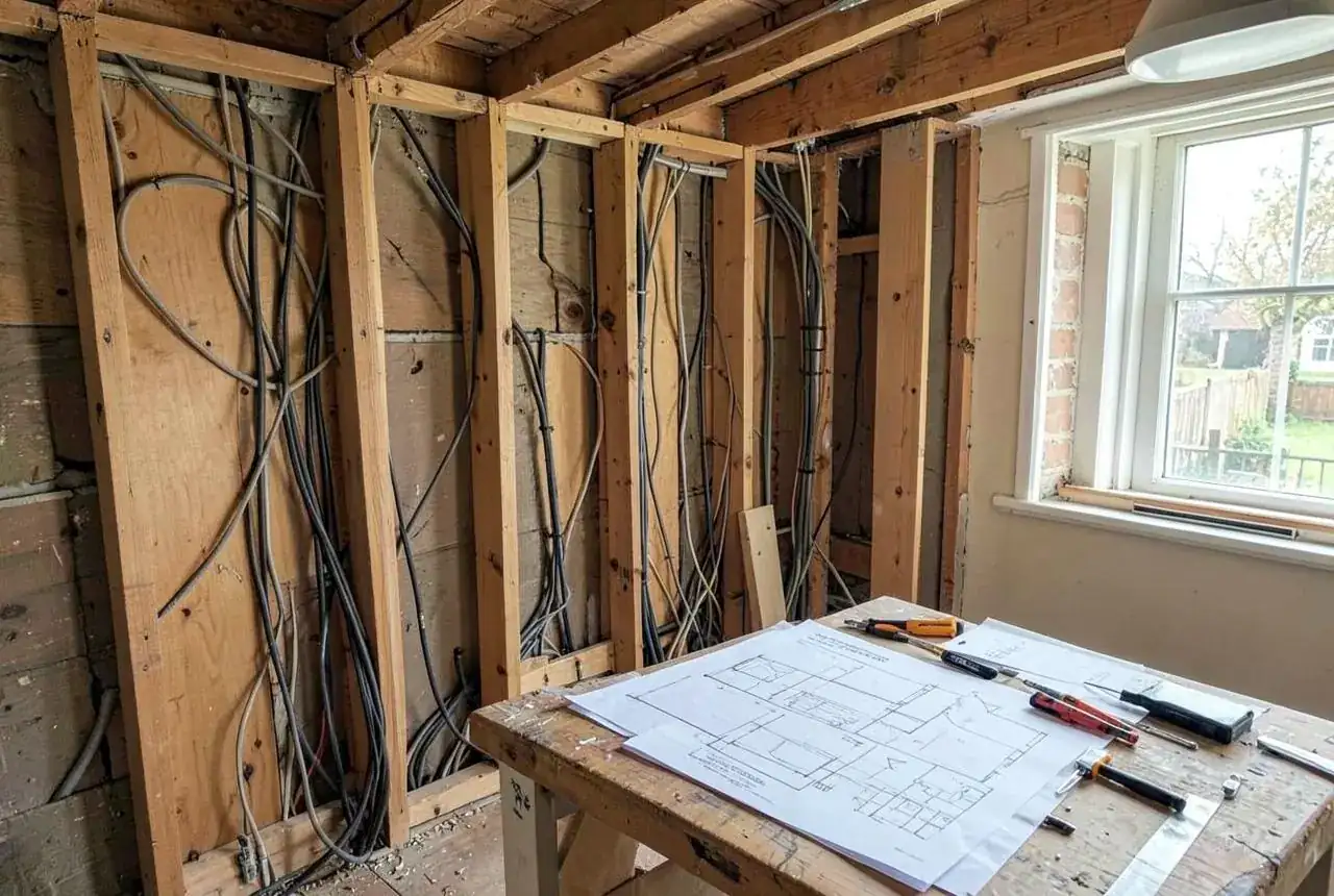 First-fix cabling running through stud walls on a London renovation with plans on a bench