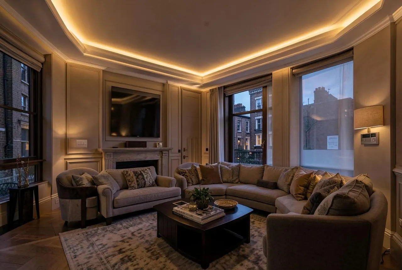 London townhouse living room with smart lighting scenes and a wall keypad