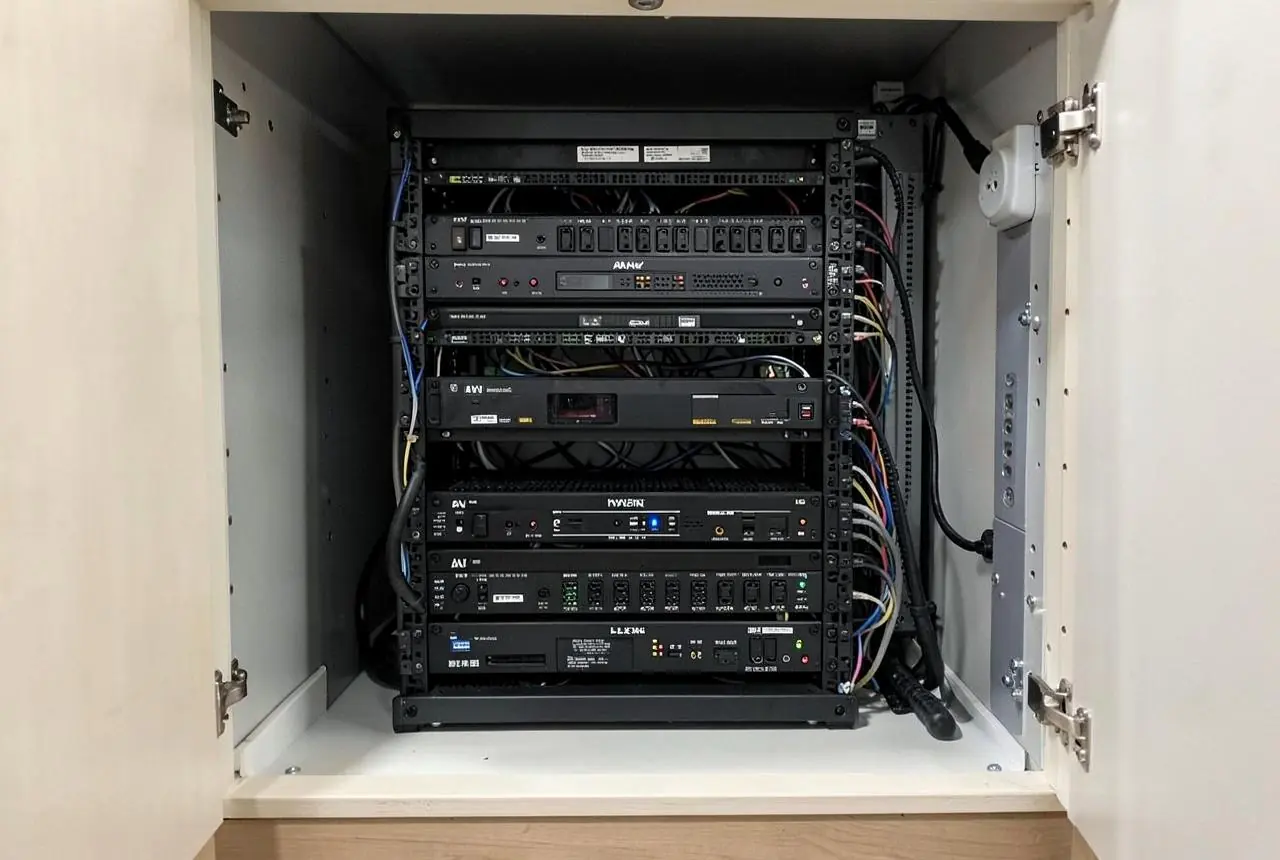 Neat AV and networking rack installed inside a utility cupboard