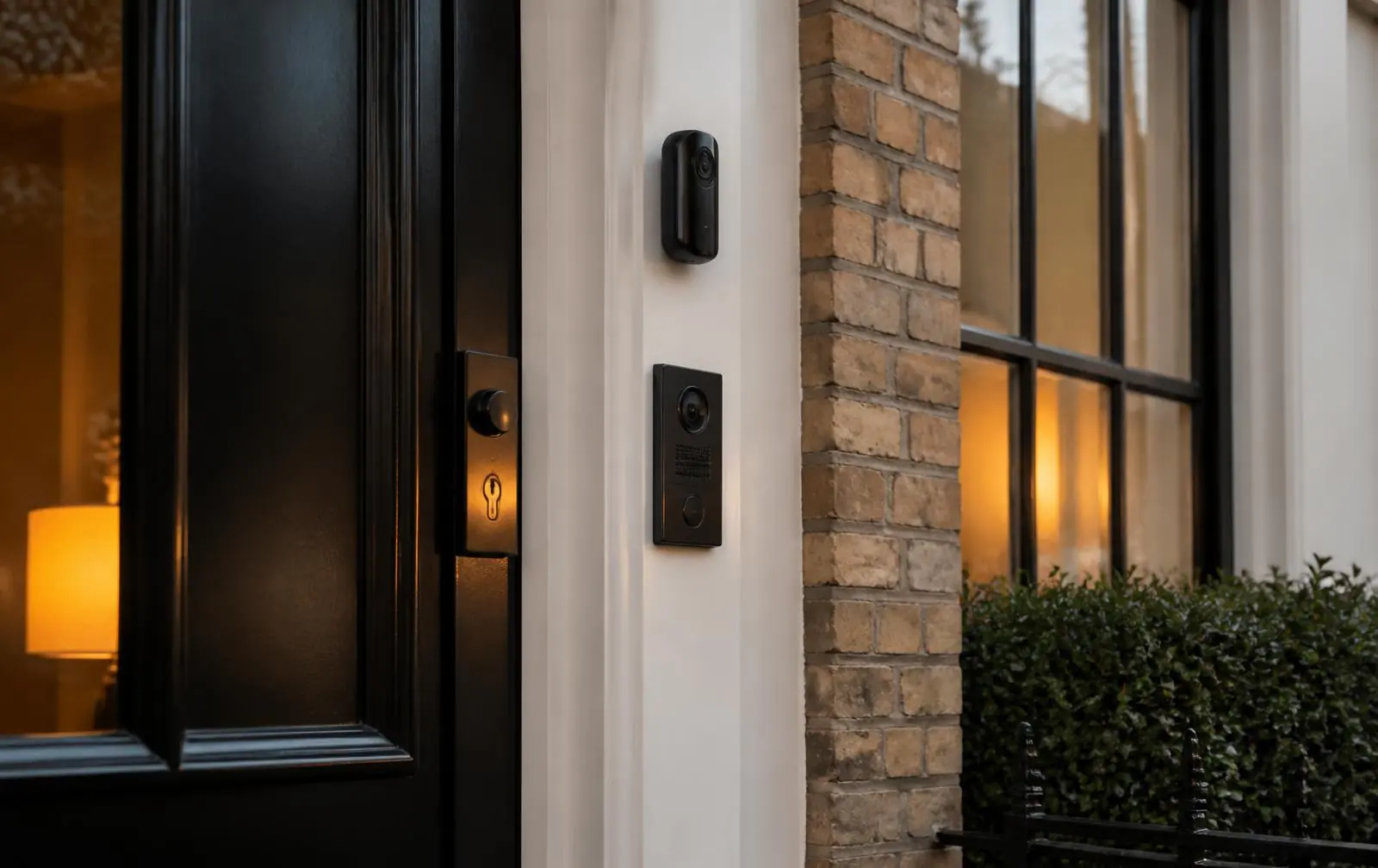 Discreet camera above a London front door with an intercom panel in the hallway